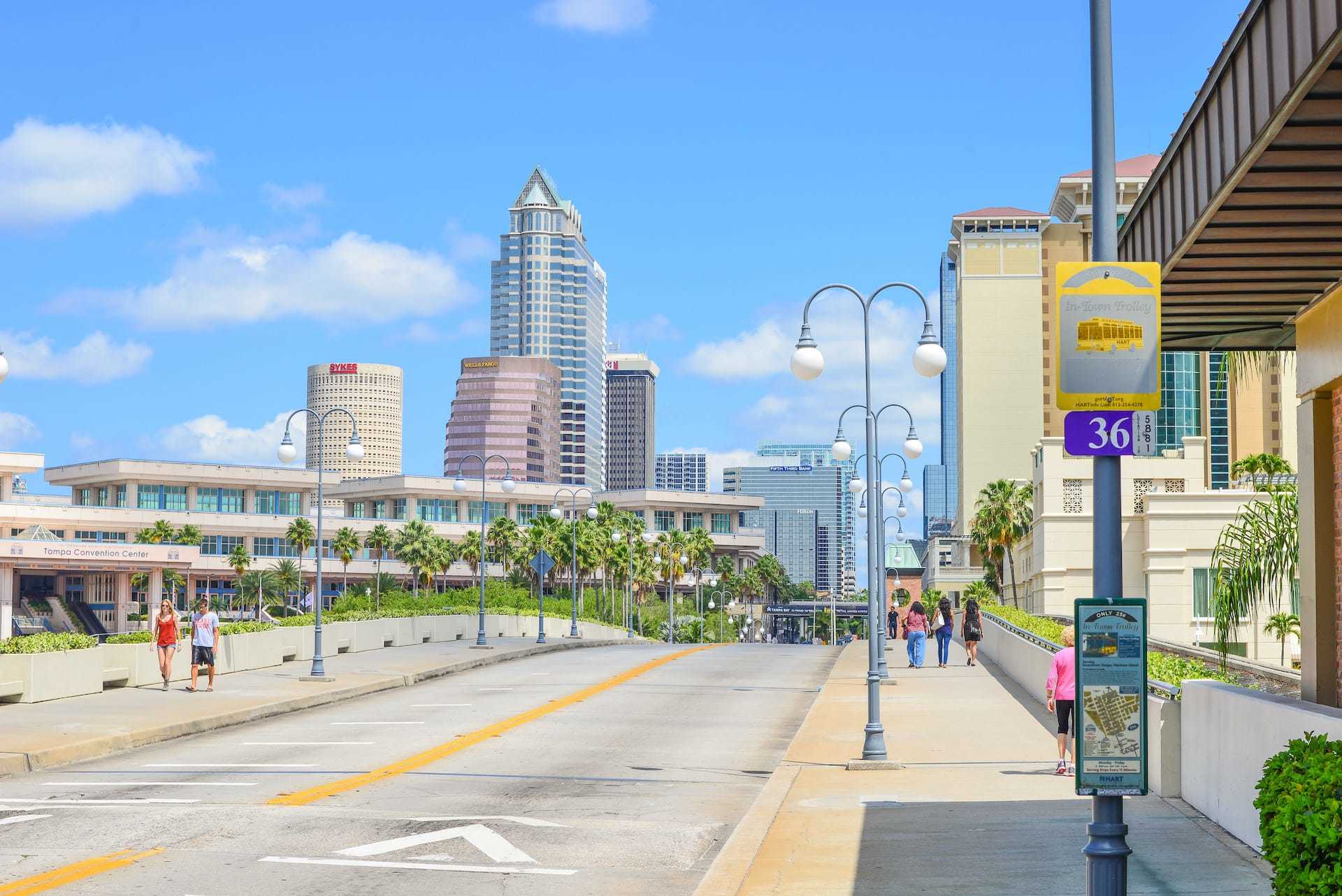 Street view of Harbour Island Bridge connecting to downtown Tampa, FL